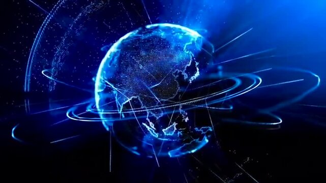 Abstract digital blue planet earth rotating with glowing particle lines hud UI interface looping animation