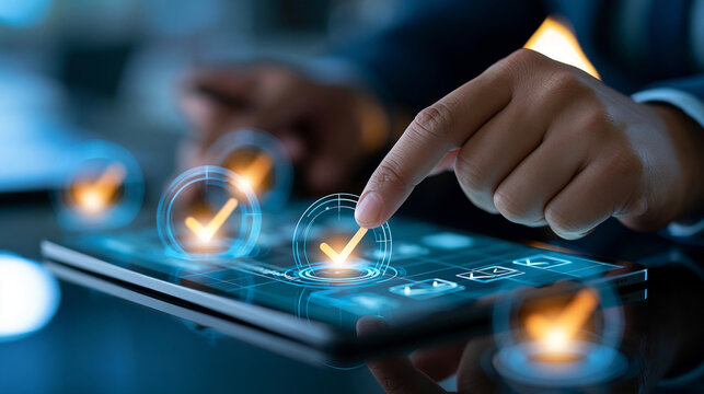 Data auditing action for regulatory compliance in business environment, digital checklists enhancing data integrity concept, defocused background, with copy space