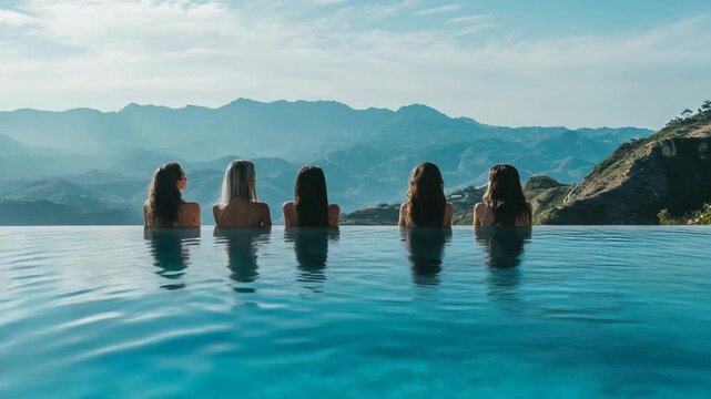 A group of women enjoying their time in a pool with breathtaking mountain scenery.