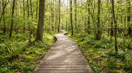 Obraz premium Wooden Boardwalk Through Lush Forest: Scenic winding timber pathway surrounded by vibrant green trees, moss, and foliage on tranquil nature trail
