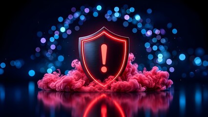 Fototapeta premium Critical system vulnerability alert showing glowing neon shield with dark smoke symbolizing cyber threat detection and digital security risk