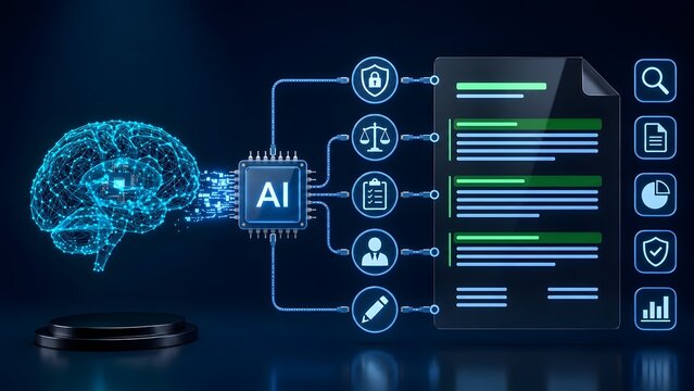 Intelligent document processing system showing digital brain connected to holographic interface representing automated legal analysis and compliance