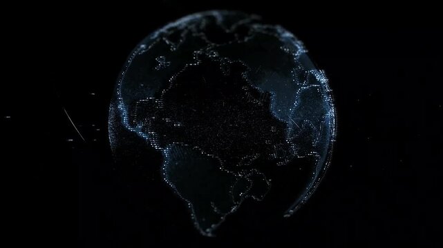 Digital planet earth globe loop animation with glowing network particles over an isolated black background