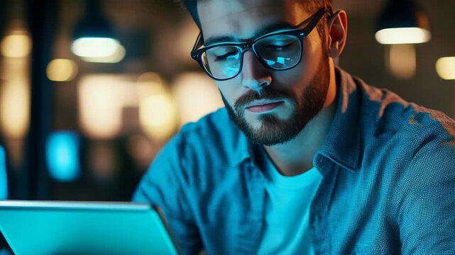 Young man with glasses focuses on tablet screen. Cozy, dimly lit space with warm background lights. He wears casual denim shirt over a tee. Serious expression suggests concentration or problem-solving