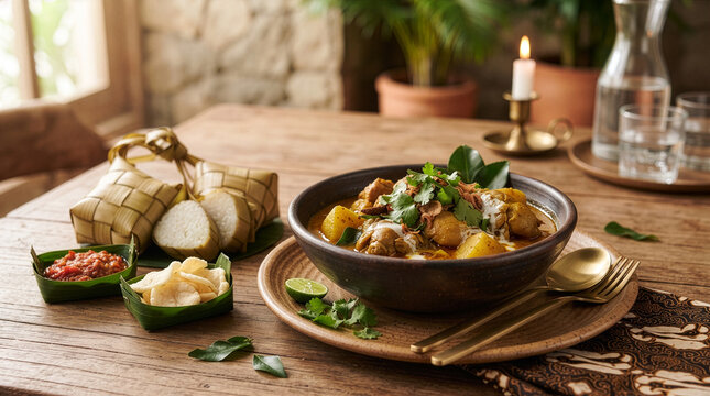 Traditional Indonesian dish opor ayam served with ketupat rice cakes and chili sambal on a rustic table