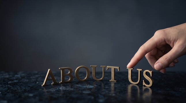 A human hand gently positioning metal letters spelling about us on a reflective dark surface with carefully placing metallic