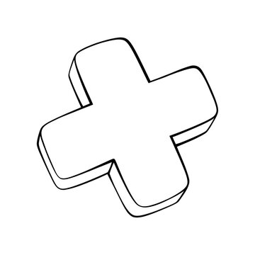 3D simple hand drawn cross line art outline plus symbol icon for health medical math addition vector illustration design