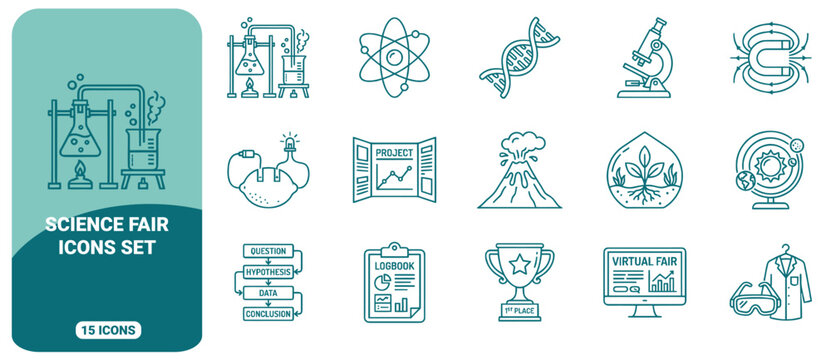 Science fair icons set featuring laboratory equipment, biology, physics, and research symbols in teal line style on a white background