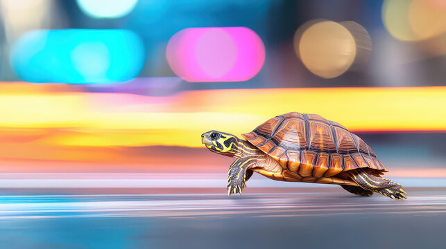 Turtle running swiftly on blurred background, showcasing vibrant colors and motion. scene captures sense of speed and energy