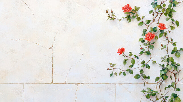 Delicate roses bloom against textured wall, creating serene and inviting atmosphere. soft colors enhance natural beauty of scene
