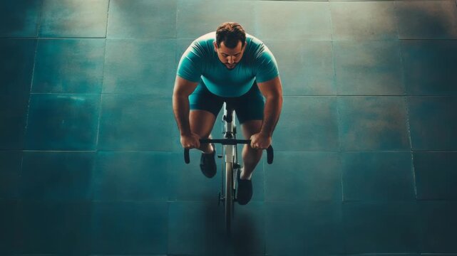 A man riding a stationary bicycle indoors in a gym setting with blue lighting and flooring. He is wearing athletic gear and appears focused on his workout.