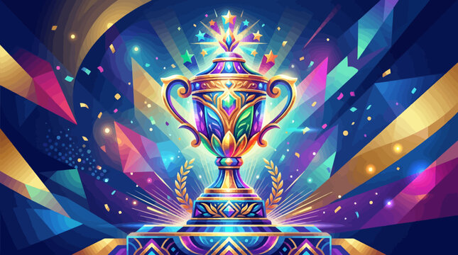 Golden trophy cup with exploding stars and geometric patterns