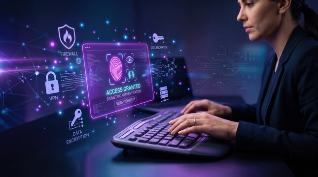 Professional woman typing on keyboard with futuristic holographic interface showing access granted biometric authentication, firewall, vpn, data encryption icons