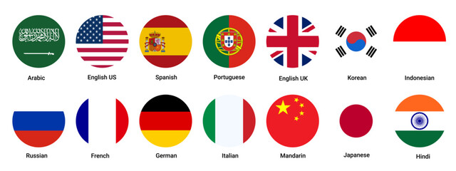 Country flags collection for language learning. Language icon set for multilingual, translation course website, application. Containing Spanish French, Italian, Portuguese, German, Indonesian, Korean, © Bee