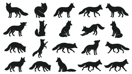 Obraz premium Fox silhouettes vector set isolated black wild fox poses and walking positions collection