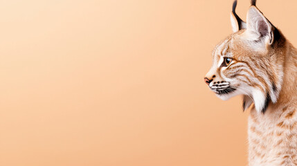 Naklejka premium Lynx profile against soft orange background, showcasing its distinctive features and fur texture, evoking sense of calm and curiosity