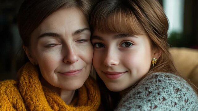 Warm moment between mother and daughter. Close-up of their smiling faces. Soft lighting highlights their expressions. Cozy embrace suggests comfort and love. Tone is gentle, intimate, and heartfelt