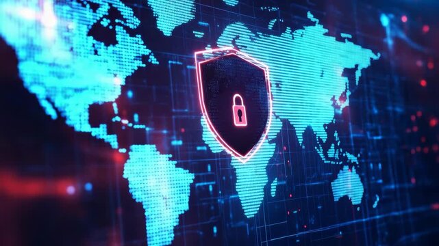 A vibrant digital map of the world with a glowing shield and lock symbolizing cybersecurity