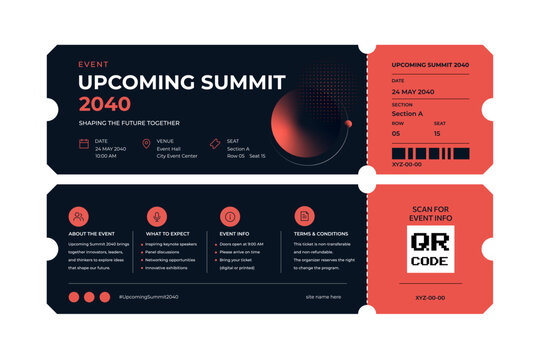Dark neon event ticket template vector, futuristic summit admission pass layout with stub mock up and QR placeholder