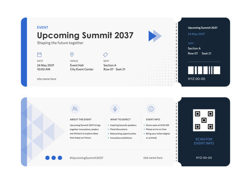 Business event ticket template vector, conference summit admission pass design with mock up stub and qr code placeholder