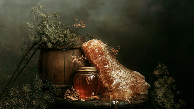 Honeycomb and Jar of Honey on Rustic Wooden Barrel