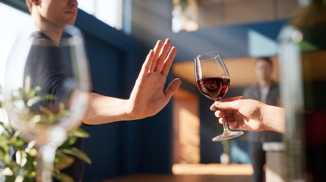 Person making stop gesture while refusing a glass of red wine to choose sobriety and healthy lifestyle in bright sunlight