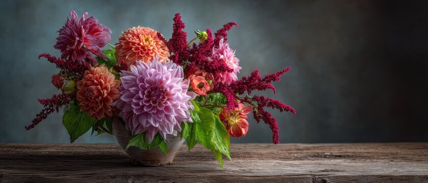 Colorful dahlia and amaranth bouquet in rustic vase on wooden table. Seasonal flower arrangement for home interior decor. Artistic floral still life composition with dark moody background.