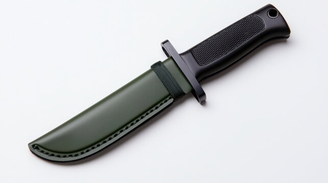 High resolution image of tactical knife with black handle and green sheath, showcasing its sharp blade and sturdy design