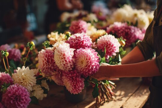 Woman florist arranging bouquet of pink dahlia flowers. Professional artisan creating floral composition on wooden table. Small business floral shop work and hobby craft concept.