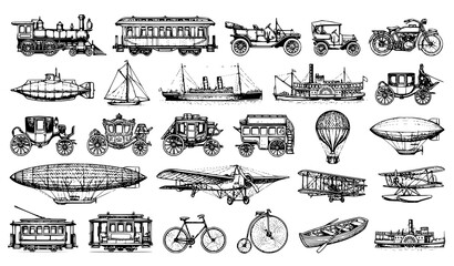 Vintage Engraved Passenger Transportation Vehicle Collection Vector Set © Md