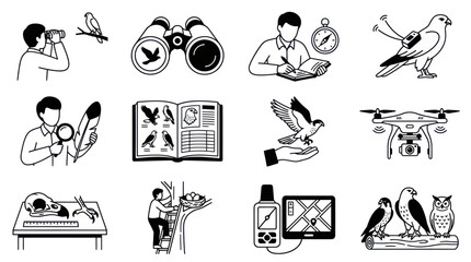 Ornithology and Birdwatching Tools and Activities Black and White Line Art Set. © Ibuk