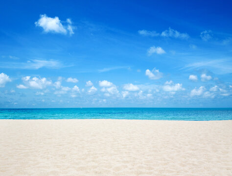 Tropical beach landscape. Blue sky. Vacation holidays background