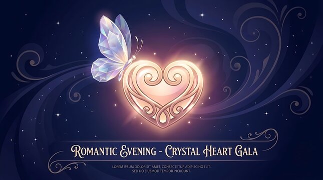 Glowing crystal heart and butterfly for romantic gala event.