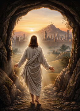 Jesus Christ emerging from the empty tomb at sunrise with a view of Jerusalem and three crosses on Golgotha.