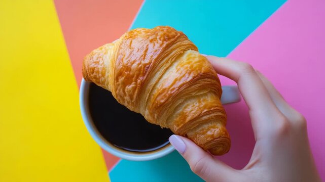 A delicious croissant is held over a cup of coffee on a colorful background, inviting and ready to be enjoyed.