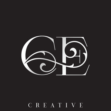 Elegant Silver Gold CE Initial Wedding Vector Logo with Ornamental Swirl