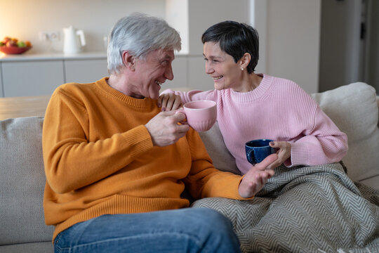 Happiness positivity and fun in married relationships, cheerful senior couple in good mood talking, elderly husband and wife relax on couch at home with drinks, pleased partners chatting and bonding.