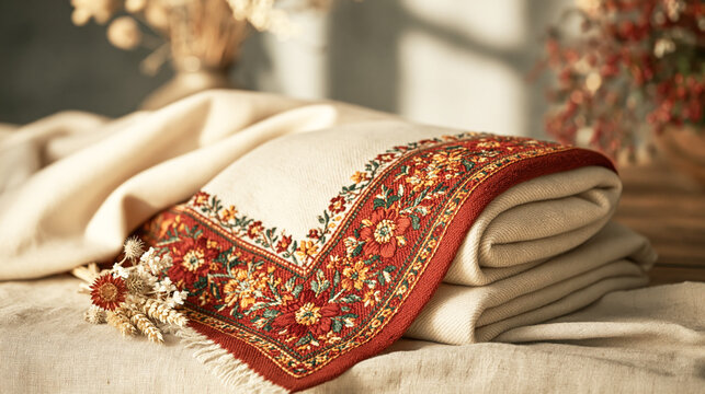 Embroidered Blanket with Dried Flowers on Rustic Table