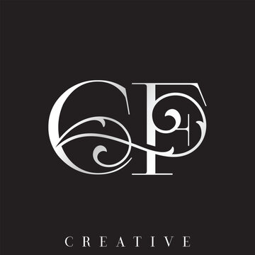 Luxury Silver Gold Wedding Double Initial CF Vector Logo with Ornamental Swirl