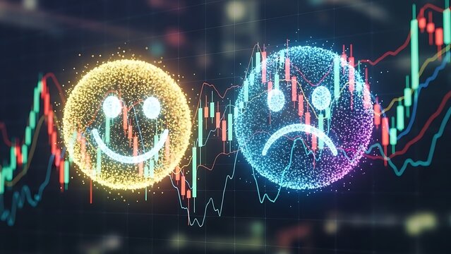 Stock market sentiment concept with glowing happy and sad face on financial stock candlestick chart background
