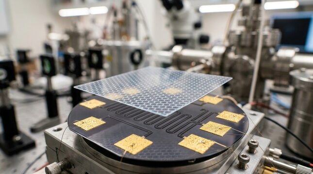 Atomically thin quantum crystal sheet above silicon wafer with hexagonal lattice, superconducting resonator, and gold contact pads in a lab setup.