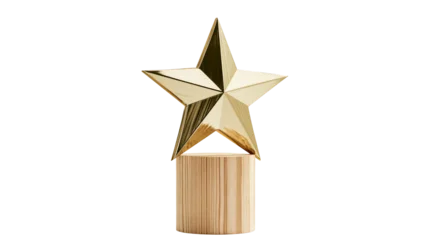 Fotobehang Goud Polished golden star trophy mounted on a wooden cylinder, isolated on transparent background  © Mira
