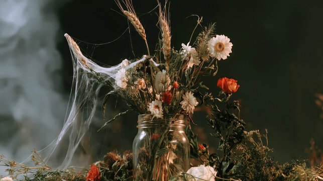 Dried Flower Bouquet in Jar with Spider Webs