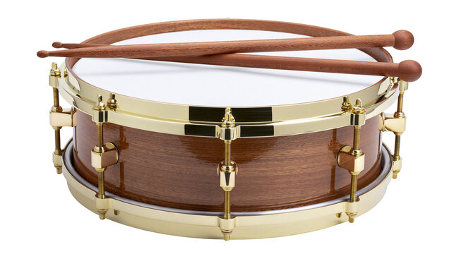 Wooden snare drum with brass hardware and drumsticks, isolated on transparent background
