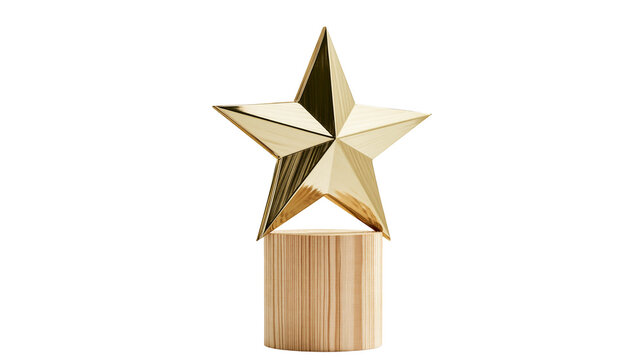 Polished golden star trophy mounted on a wooden cylinder, isolated on transparent background