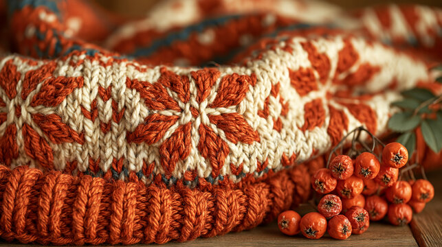 Warm Knitted Hat with Berries on Wooden Background