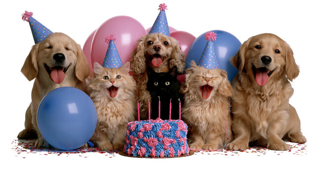Pets Celebrating Birthday with Cake and Balloons