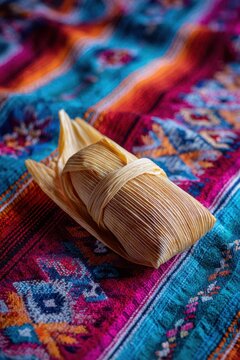 Single tamale wrapped in corn husk placed on colorful woven fabric. Traditional Mexican food prepared for holiday celebration. Homemade Latin American cuisine meal on rustic patterned textile.