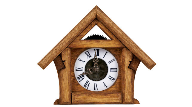 Rustic wooden cuckoo clock with Roman numerals and visible gears, isolated on transparent background