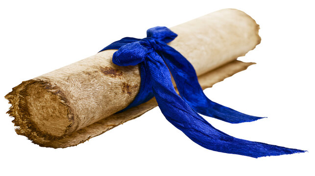 Aged parchment scroll tied with a vibrant blue satin ribbon, isolated on transparent background